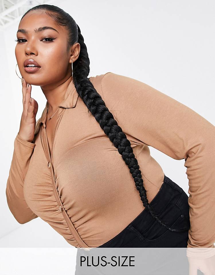 Yours button through ruched front bodysuit in camel